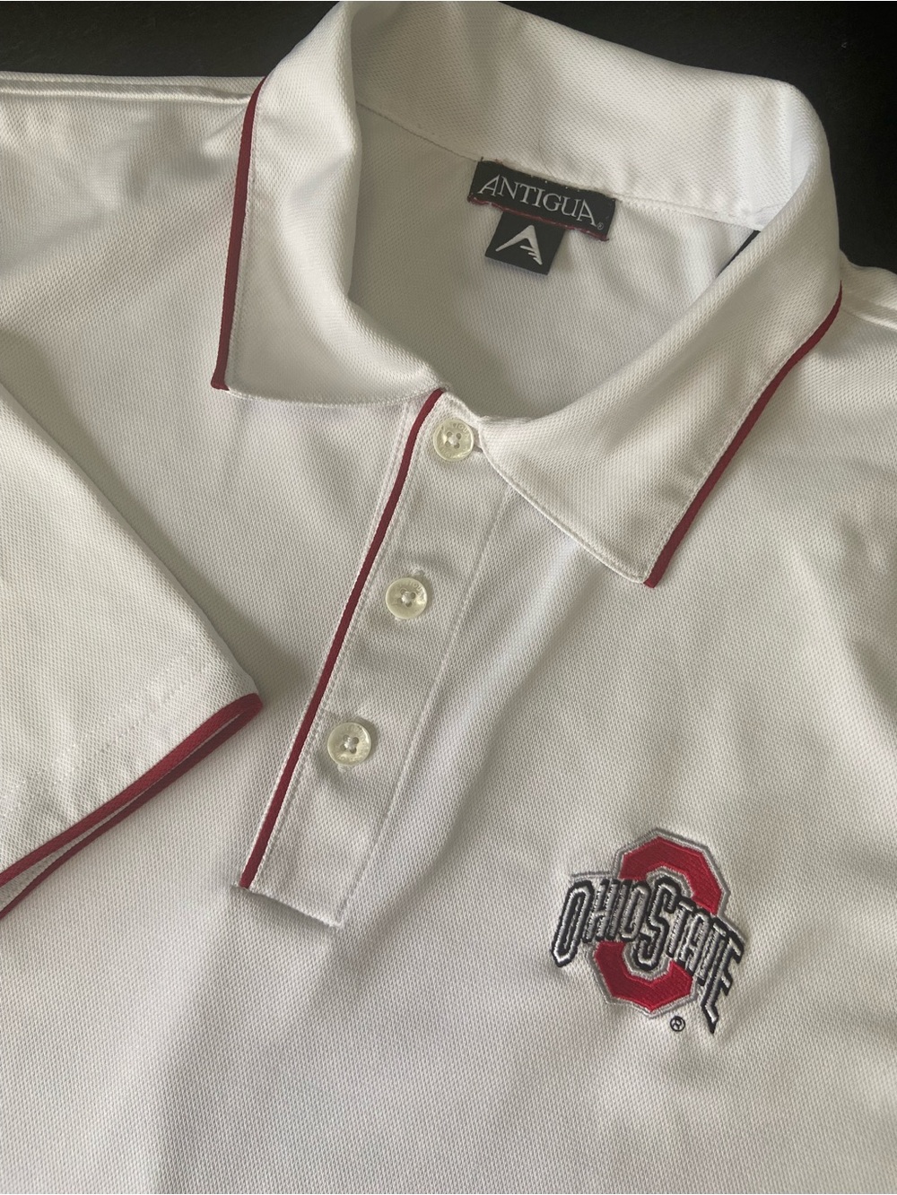 Antigua White Polo with Red Trim and Ohio State Logo